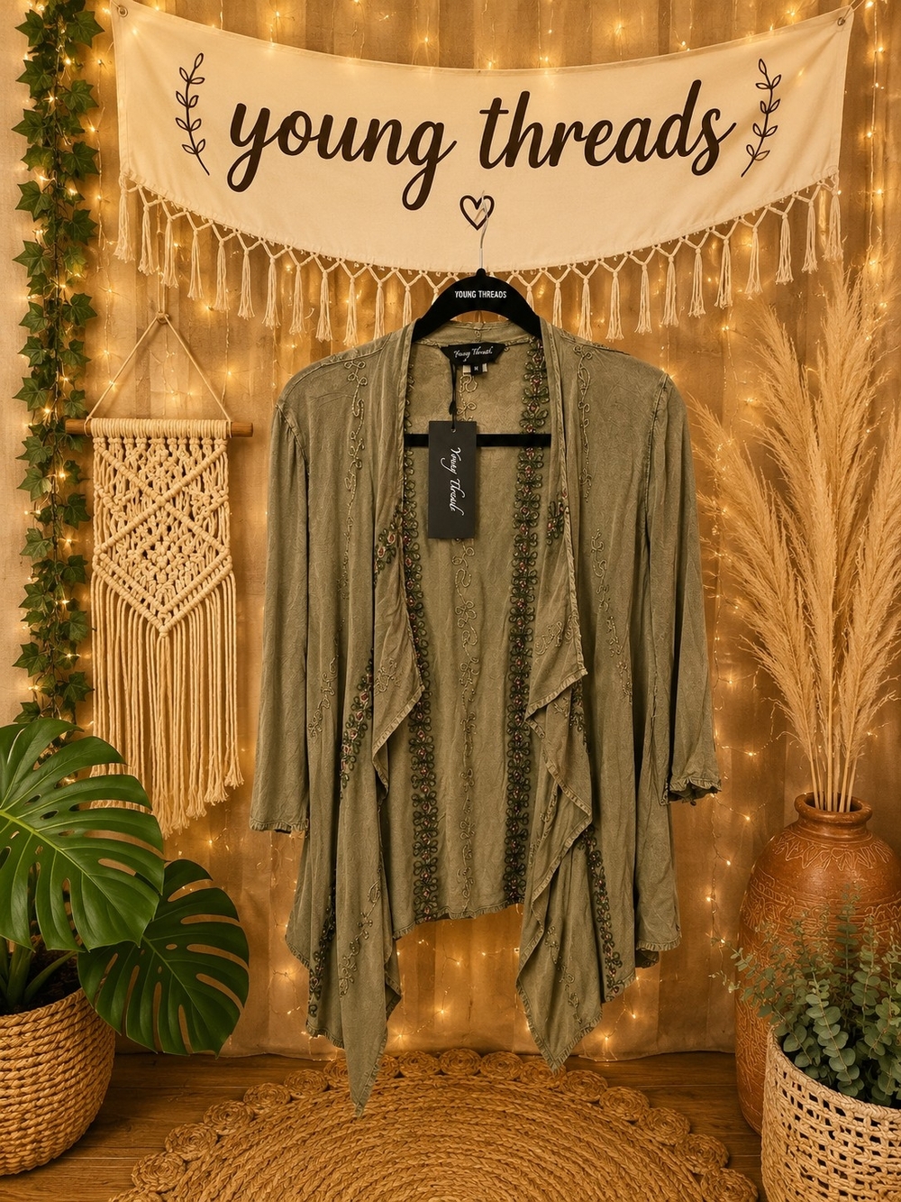 Young Threads Olive Green Embroidered Draped Cardigan